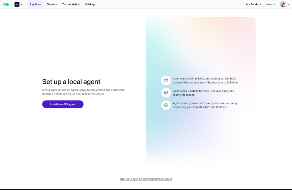 ABC test, A variant: onboarding screen for spinning up a local agent—“Set up a local agent” with “Install macOS agent” CTA and short copy on why engineers run an agent locally; B variant tested the Docker flow (not shown).