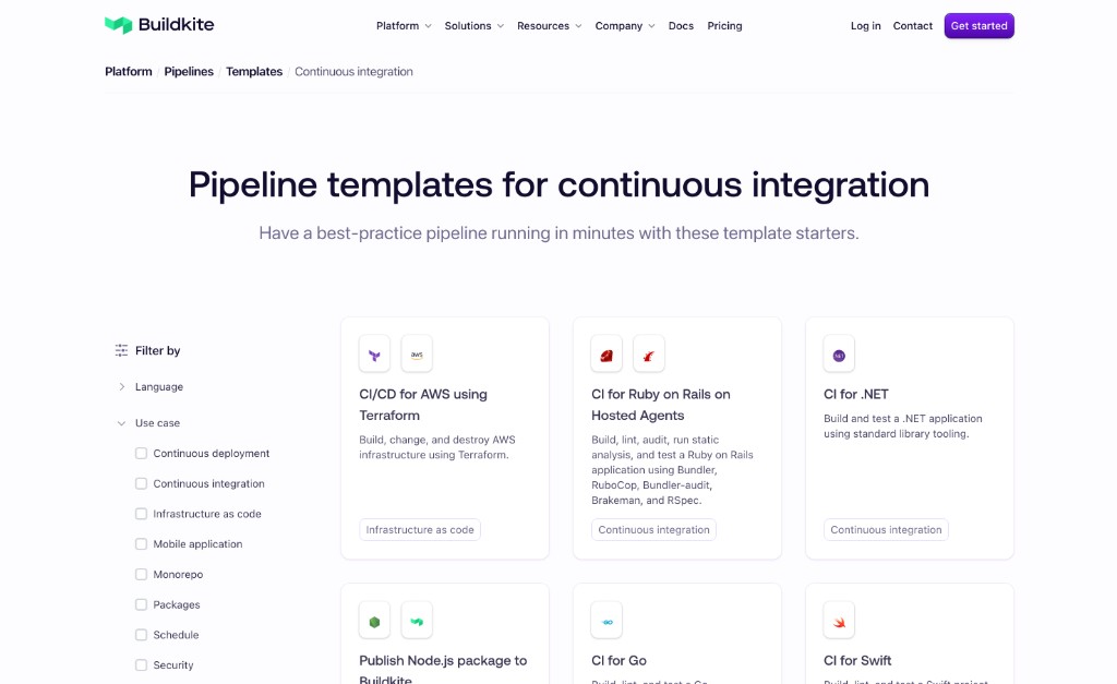 Templates page—use case landing page for Continuous Integration: “Pipeline templates for continuous integration” with filter by Language and Use case (CI selected), and a grid of template cards (e.g. CI for Ruby on Rails, CI for .NET, CI for Go, CI for Swift).