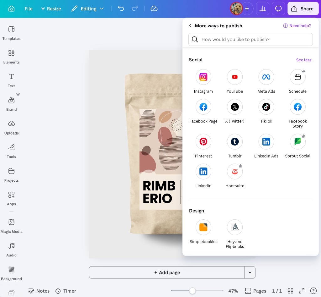 Partner apps launched in Canva's share menu so the user can use Content Publisher intent to publish to HootSuite, LinkedIn, Mailchimp, SimpleBooklet and Sprout Social