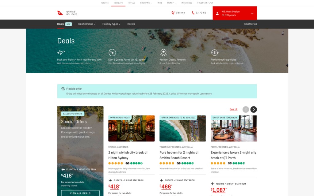 Future feature concept: Qantas Holidays Deals page with hero, value props (flights+hotel savings, points, flexible booking), flexible offer banner, and a grid of holiday deal cards (exclusive offers and scrollable deals) positioning the platform as the go-to hub for luxury holidays.