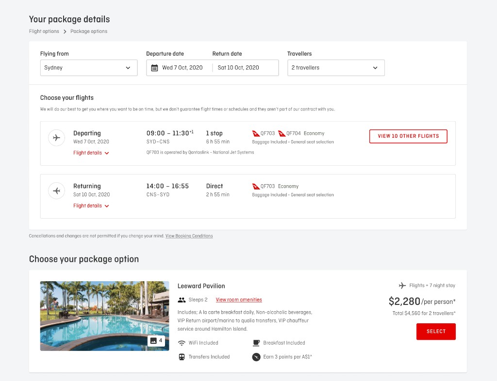 Your package details UI: flight options (origin, dates, travellers, departing and returning flight cards with times, route and inclusions) and package option (accommodation with image, inclusions and price per person), with clear select actions.