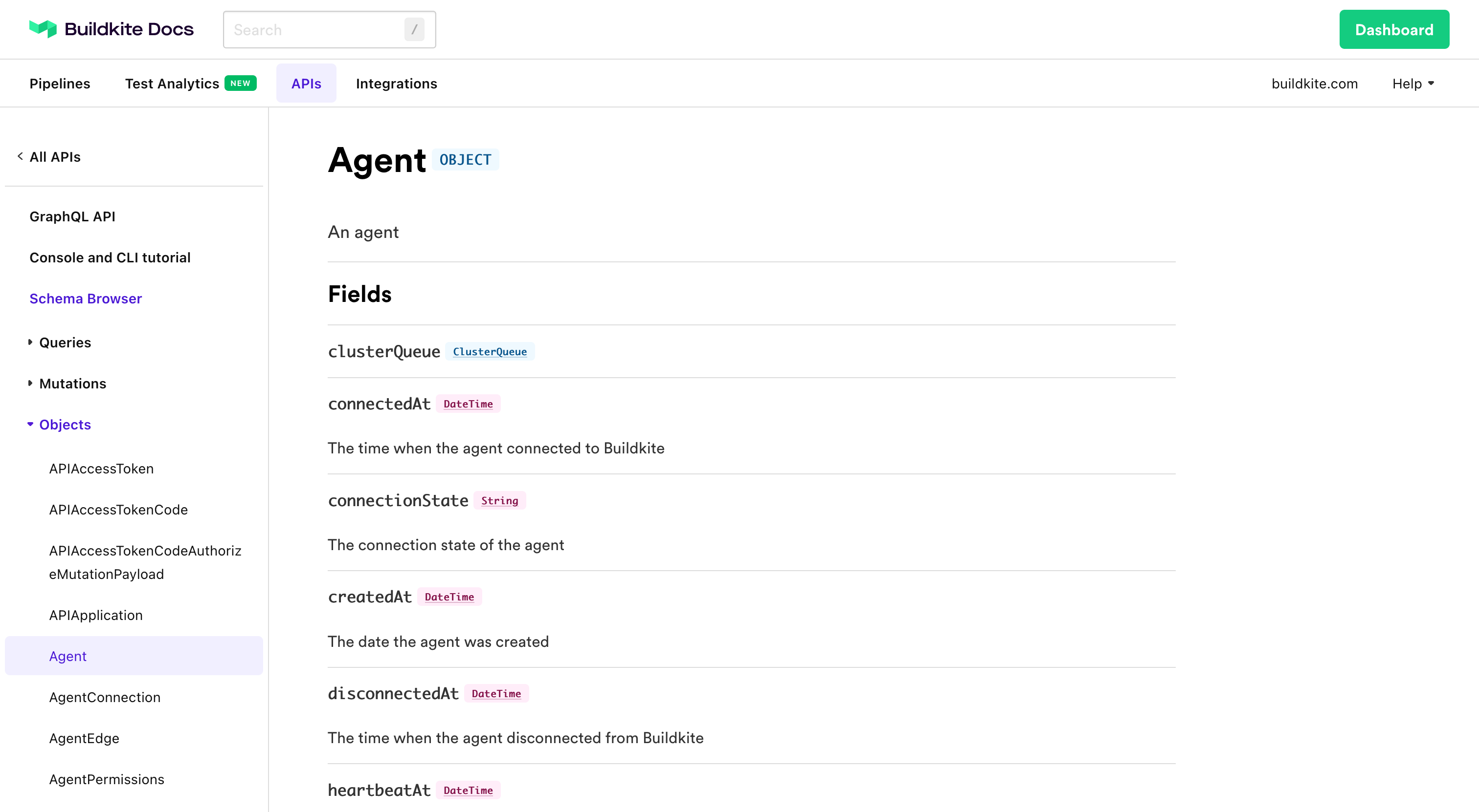 Screenshot of Buildkite Docs' GraphQL API schema spec docs for Agent